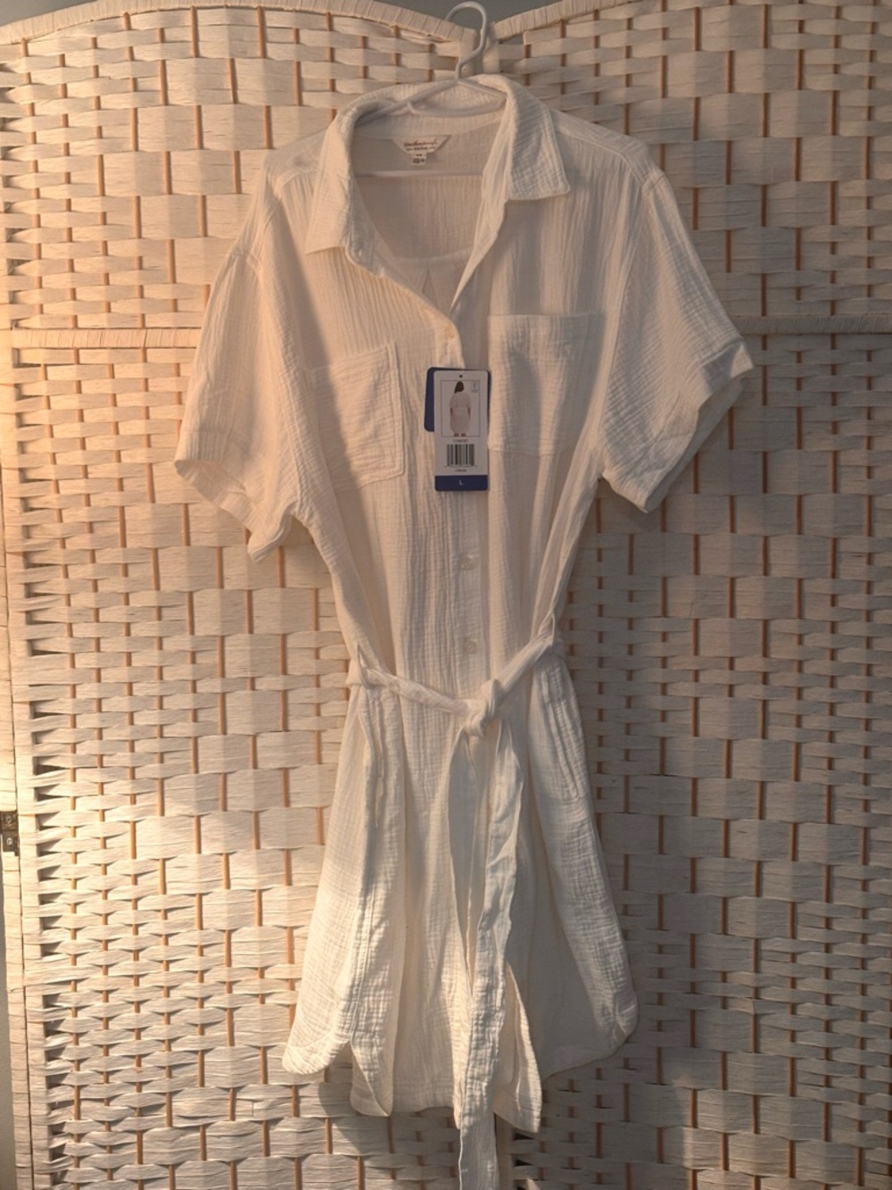 Casual White Short-Sleeve Shirt Mini Dress with Tie Waist
